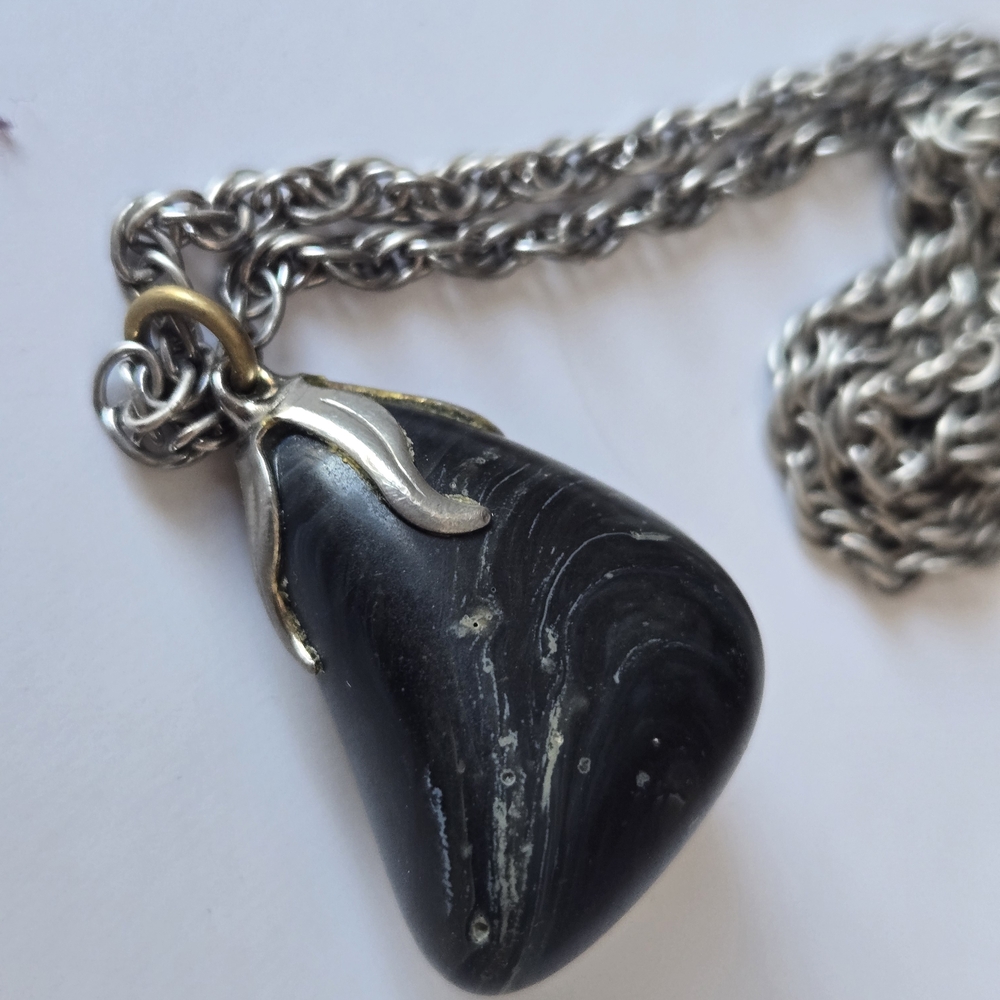 Natural Marble Black Onyx Stone Pendant Necklace & 925 Chain